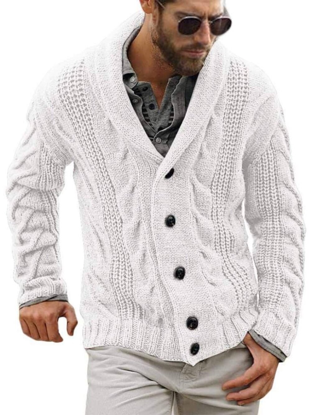 🆕Men's All White Chunky Cable Knit Cardigan Sweater Shawl Collar Button Down